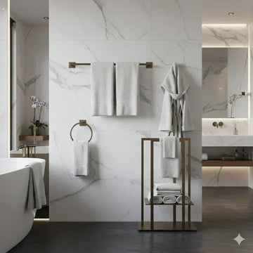 Banheiro de luxo com revestimento em mármore branco, toalheiros em metal dourado e toalhas brancas organizadas