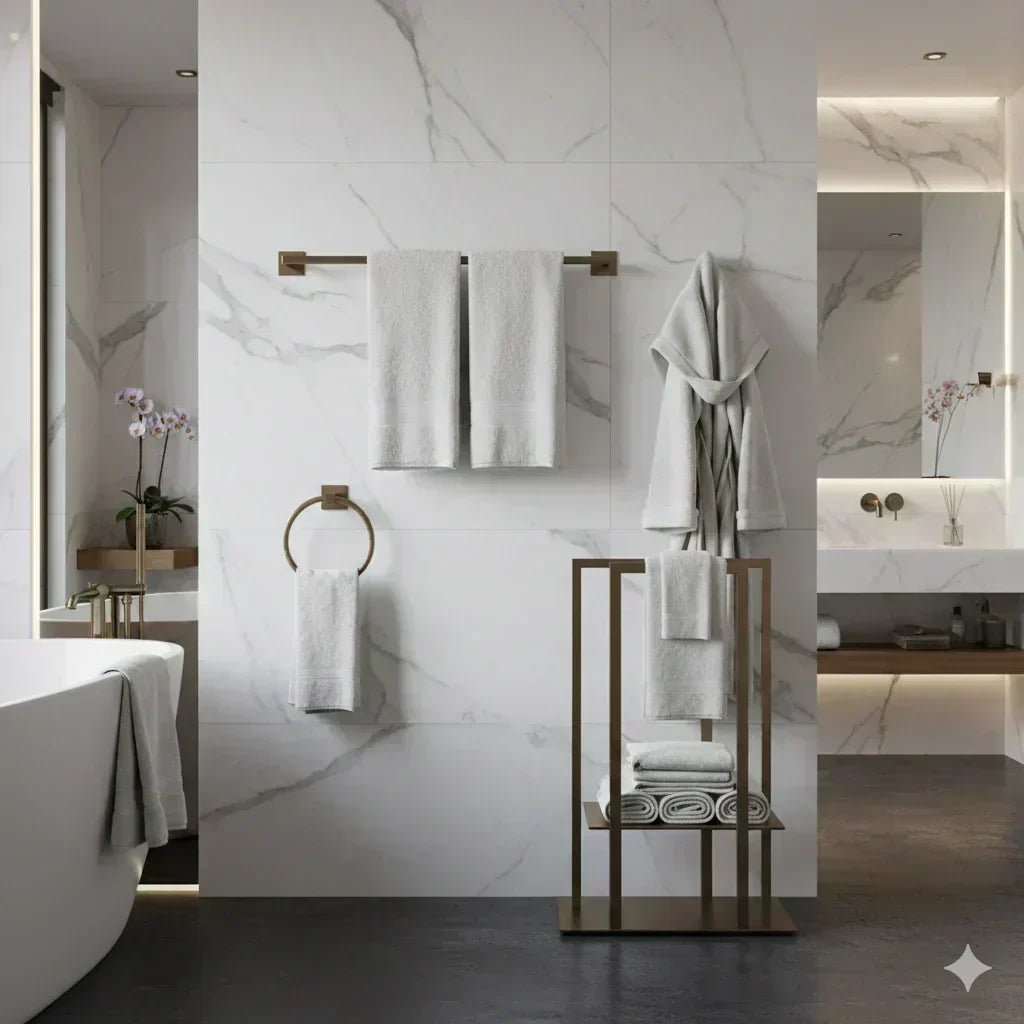 Banheiro de luxo com revestimento em mármore branco, toalheiros em metal dourado e toalhas brancas organizadas