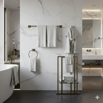 Banheiro de luxo com revestimento em mármore branco, toalheiros em metal dourado e toalhas brancas organizadas