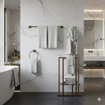 Banheiro de luxo com revestimento em mármore branco, toalheiros em metal dourado e toalhas brancas organizadas