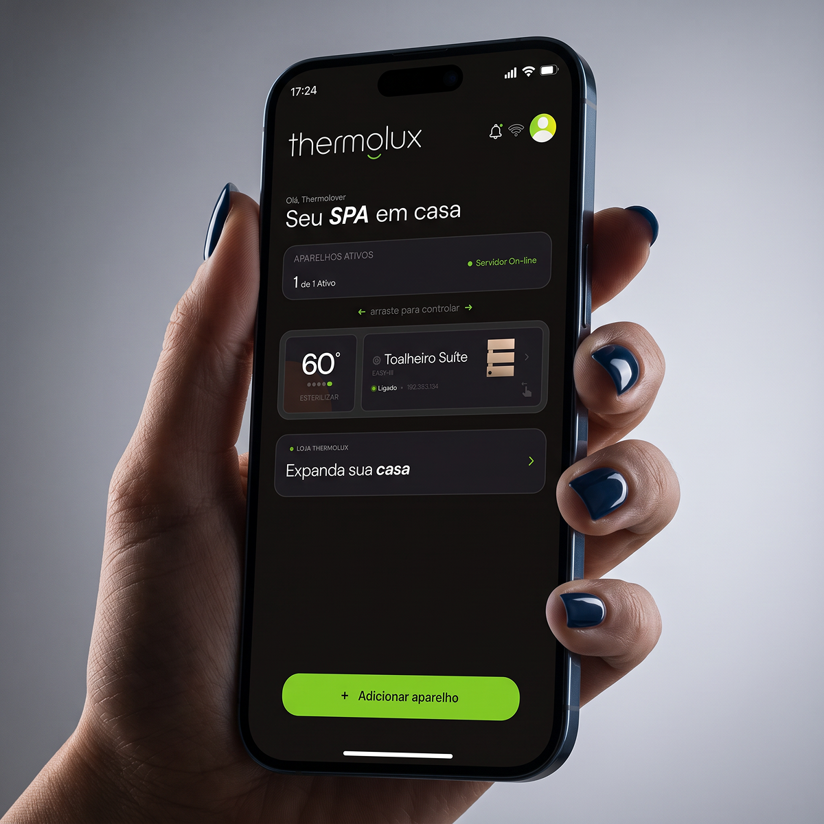 Tela do aplicativo Thermolux em smartphone, com controle do Toalheiro Térmico Smart ONE-S e temperatura ajustada para 60 °C.
