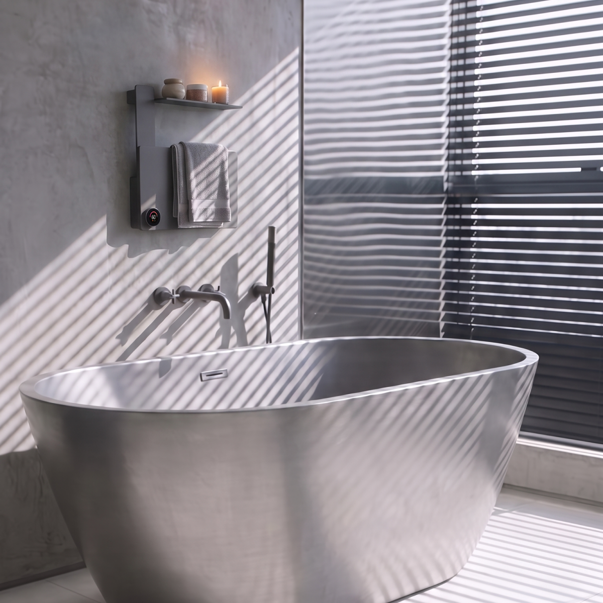 Toalheiro Térmico Smart Best-C Thermolux cinza metálico instalado sobre banheira, com toalha e prateleira com vela e potes de skincare