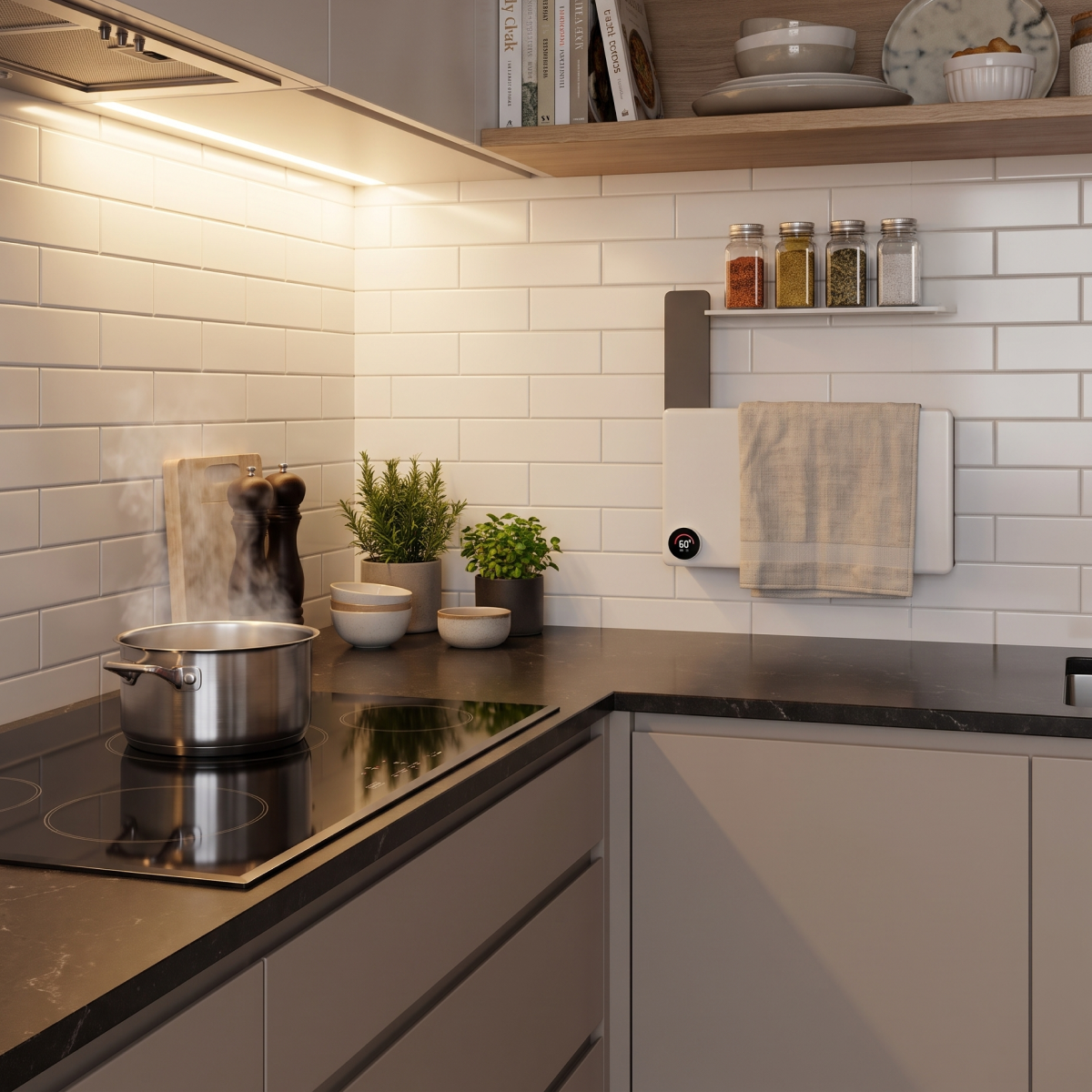 Toalheiro Térmico Smart Best-C Thermolux branco instalado na cozinha, com pano de prato e potes de temperos na prateleira