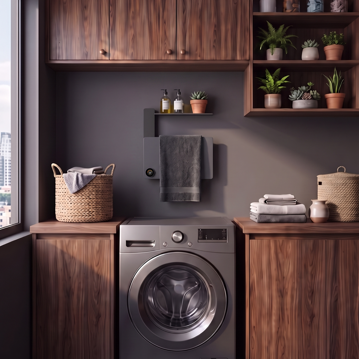 Toalheiro Térmico Smart Best-C Thermolux cinza metálico instalado na lavanderia, acima da máquina de lavar, com toalha e prateleira com sabonetes e suculenta