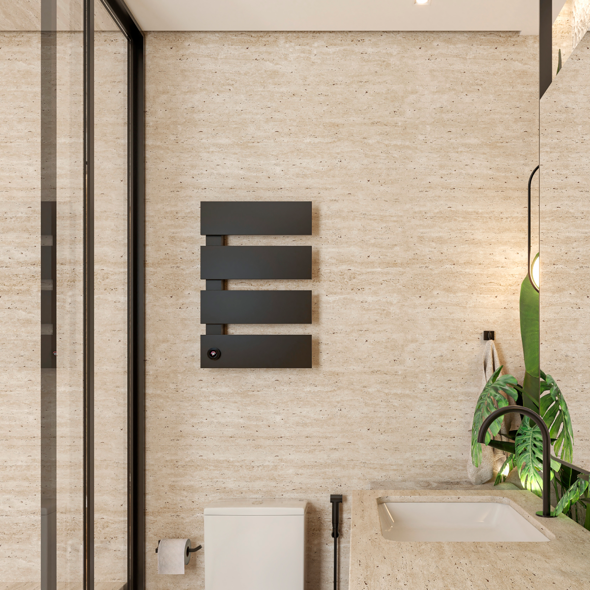 Toalheiro Térmico Smart Easy-IV Thermolux preto, com quatro barras, instalado na parede de um banheiro moderno.