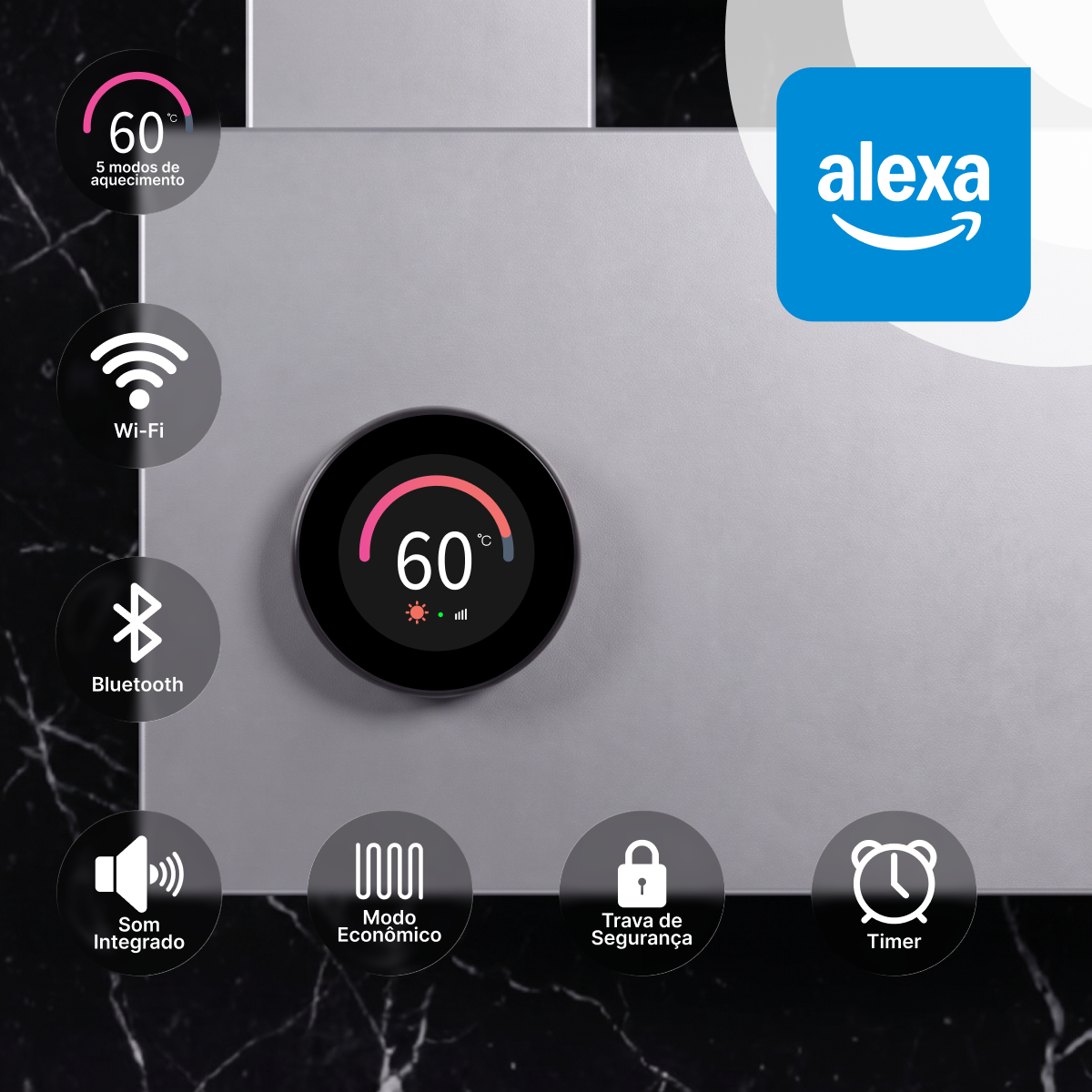 Recursos do Toalheiro Térmico Smart ONE-S Thermolux com display a 60 °C, Wi-Fi, Bluetooth, Alexa, timer, trava de segurança, som integrado e modo econômico.