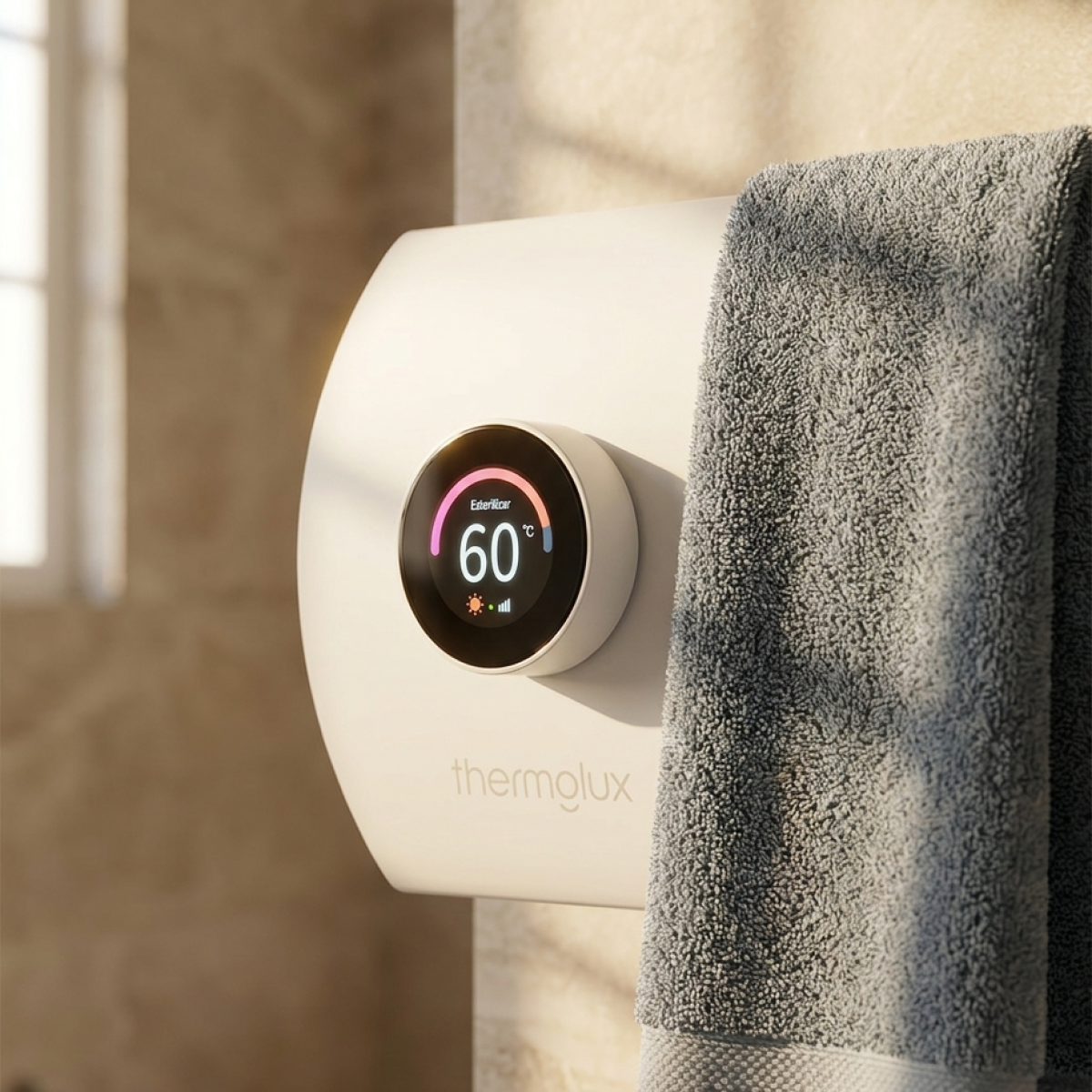 Toalheiro Térmico Smart ONE-S Thermolux na cor branca, instalado na horizontal com toalha cinza e display circular indicando 60 °C.