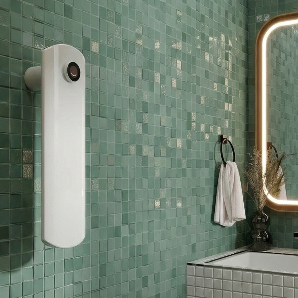 Toalheiro Térmico Smart ONE-S Thermolux na cor branca, instalado na vertical em banheiro com revestimento verde.