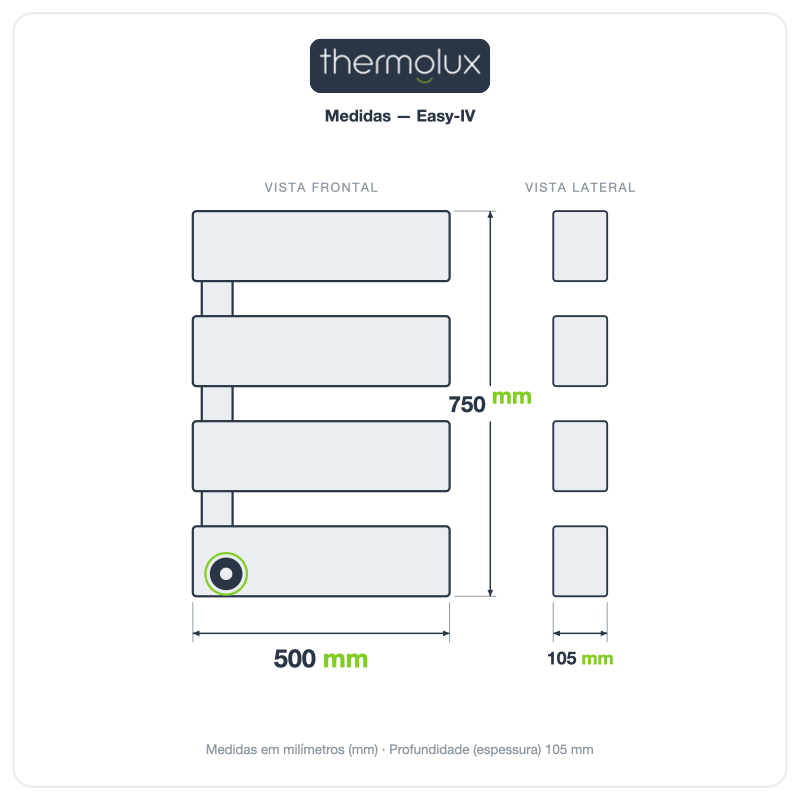 Diagrama de medidas do Toalheiro Térmico Smart Easy-IV Thermolux: 500 mm de largura, 750 mm de altura e 105 mm de profundidade.