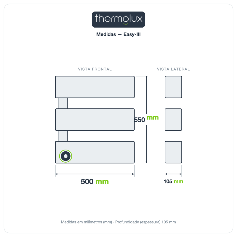 Medidas do Toalheiro Térmico Smart Easy-III: 500 mm de largura, 550 mm de altura e 105 mm de profundidade